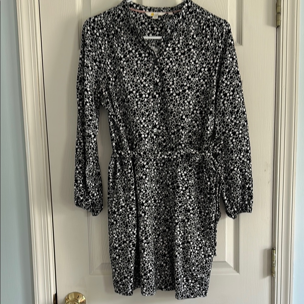 Boden Black and White Wrap Dress with Bishop Sleeves